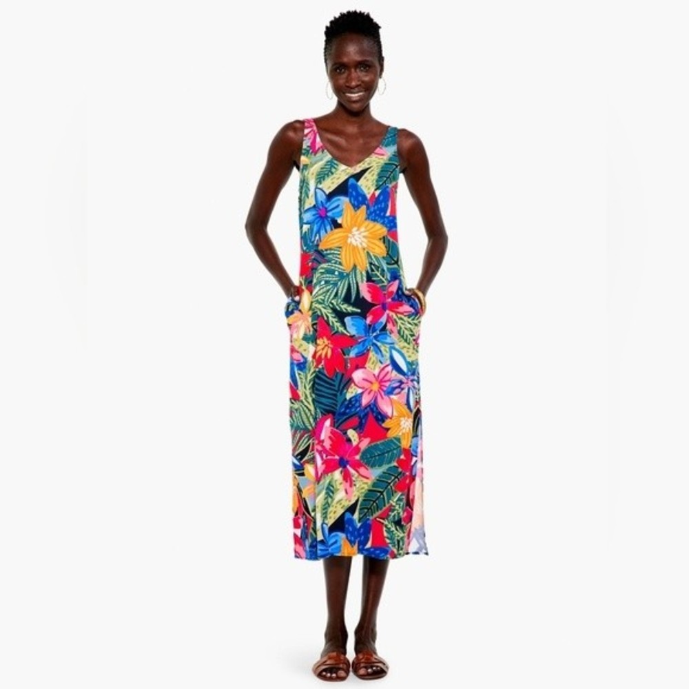 Nic + Zoe Lush Terrace Live In Floral Maxi Palm Tree Dress V Neck Size Large